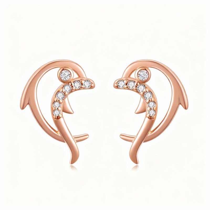 Pendientes de botón de delfín con circonitas cúbicas en oro rosa de 18 quilates-1