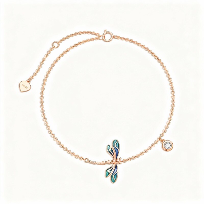 Chaîne de cheville simple en or rose 14 carats avec zircon cubique et libellule-1