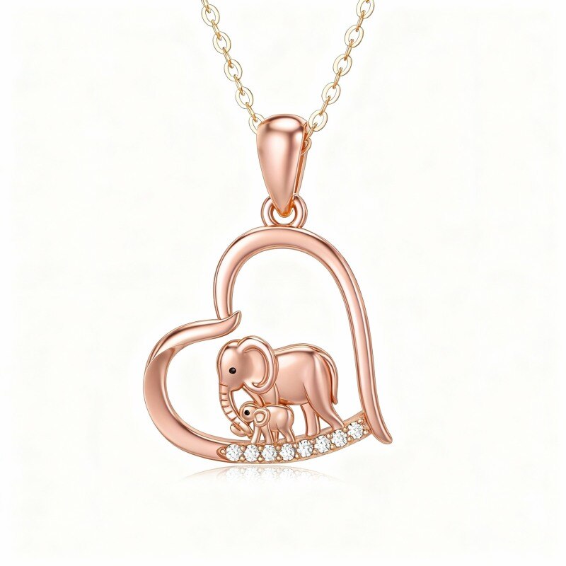 Collier pendentif éléphant et cœur en or rose 10 carats et zircon cubique-9