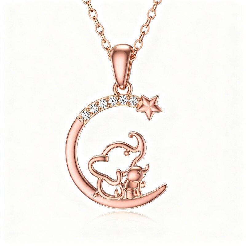 Collar con colgante de elefante de oro rosa de 14 quilates y circonitas cúbicas-1