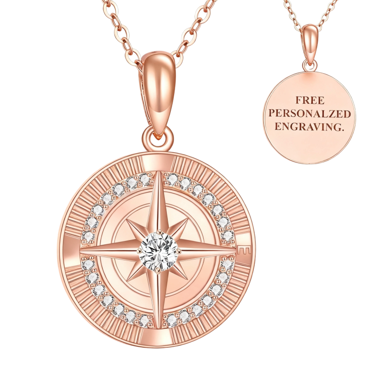 Collier pendentif boussole en or rose 10 carats avec zircon cubique gravable-13