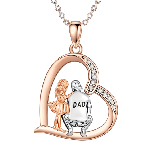 Collier pendentif en or rose 10 carats avec zircon cubique, personnalisable avec gravure, motif père et fille.