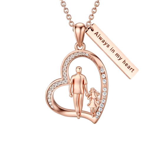 Collier pendentif en or rose 10 carats avec zircon cubique, personnalisable avec gravure, motif père et fille et cœur