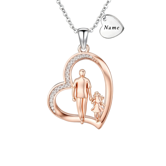 Collier pendentif en or rose 10 carats avec zircon cubique, personnalisable et gravure, pour père et fille.