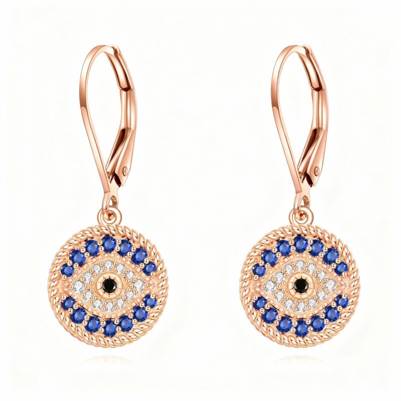 18K Rose Gold Cubic Zirconia Evil Eye Drop Earrings-1