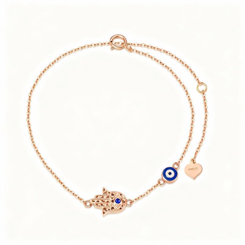 Pulsera con dije de ojo turco y mano de Fátima en oro rosa de 18 quilates con circonitas cúbicas-1
