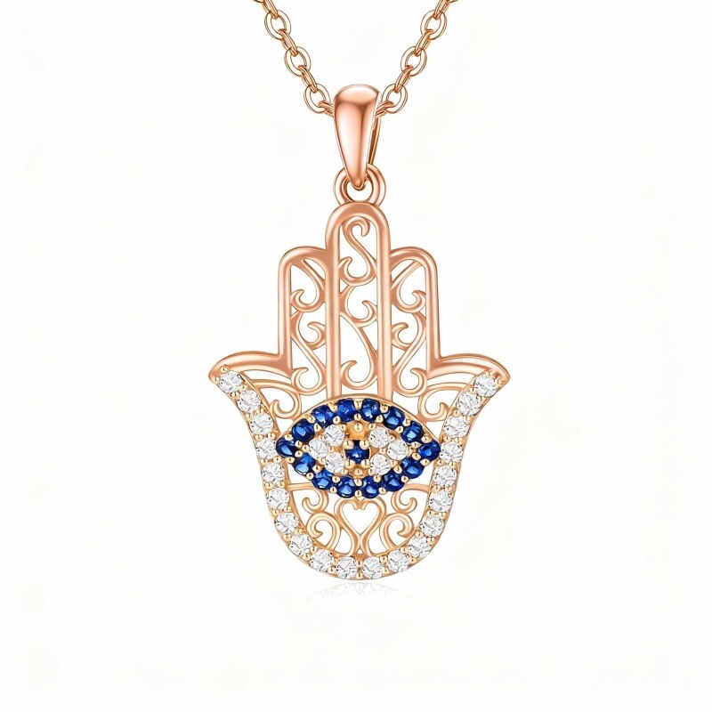 Colar com pendente Olho Grego e Mão de Hamsa em ouro rosa 18K com zircónias cúbicas-1