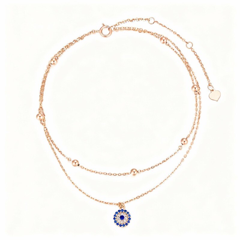 Bracelet de cheville à plusieurs rangs avec pendentif œil protecteur et zircon cubique en or rose 14 carats-1