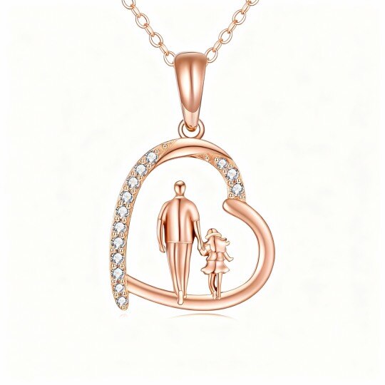 10K Rose Gold Cubic Zirconia Father & Daughter & Heart Pendant Necklace