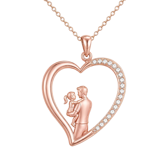 Collier pendentif en or rose 10 carats avec zircon cubique, symbole père et fille et cœur