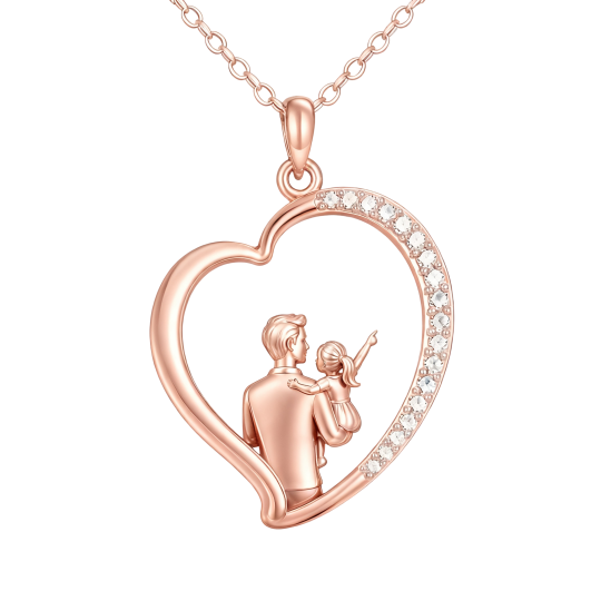 Collier pendentif en or rose 10 carats avec zircon cubique, symbole père et fille et cœur