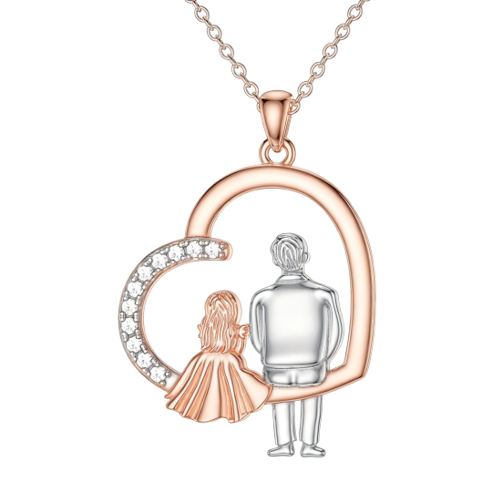 Collier pendentif en or rose 10 carats avec zircon cubique, symbole père et fille et cœur