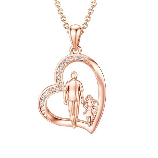 Collier pendentif en or rose 10 carats avec zircon cubique, symbole père et fille et message gravé.