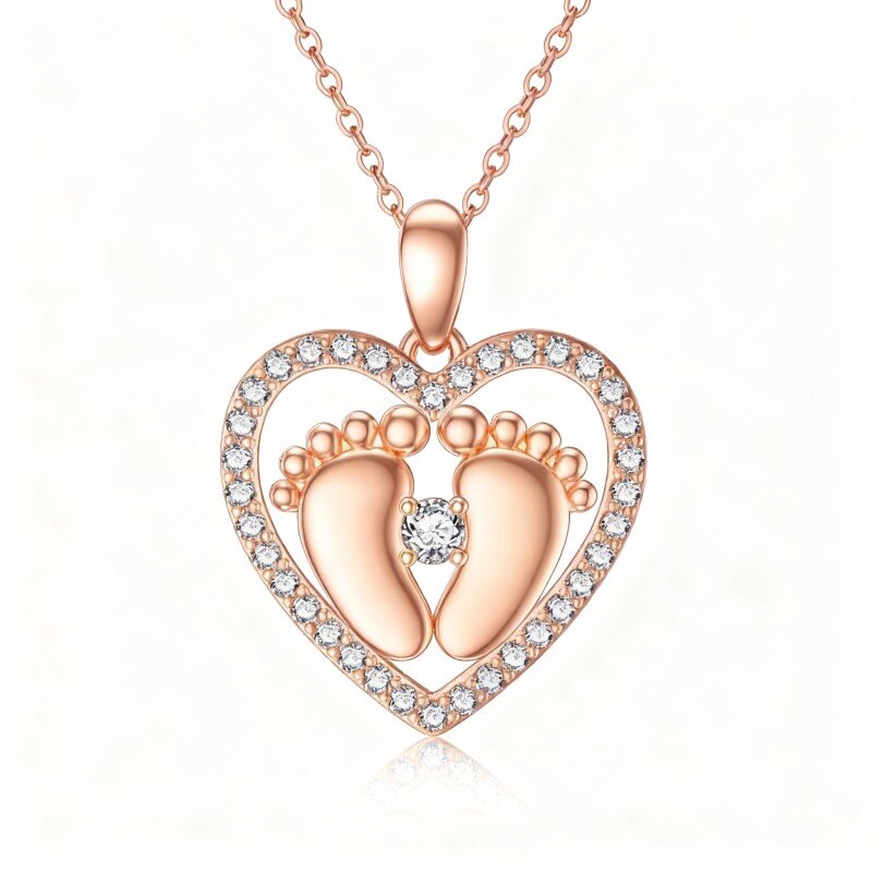 Halskette aus 10-karätigem Roségold mit Zirkonia-Fußabdrücken und Herzanhänger-1
