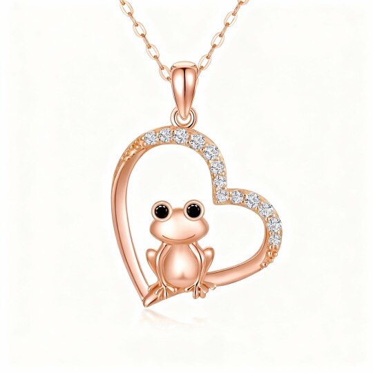 Collier pendentif grenouille et cœur en or rose 10 carats et zircon cubique