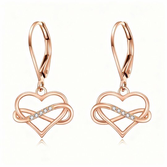 Boucles d'oreilles pendantes en or rose 10 carats avec zircon cubique en forme de cœur et symbole de l'infini