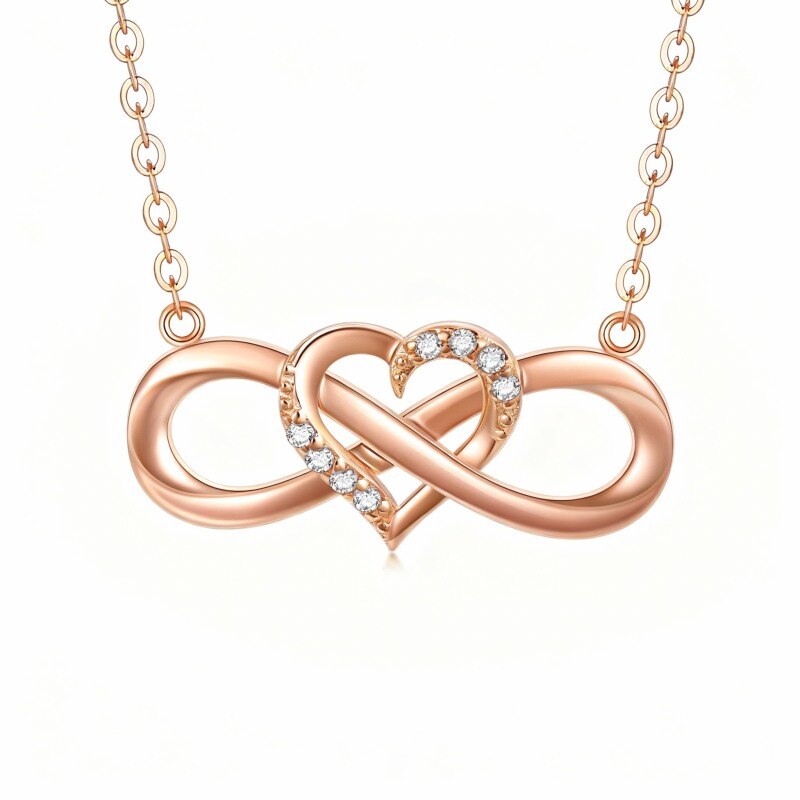 Collar con colgante de corazón y símbolo de infinito en oro rosa de 18 quilates con circonitas cúbicas-1