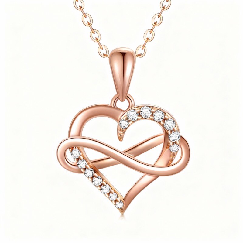 Collar con colgante de corazón y símbolo de infinito en oro rosa de 10 quilates con circonitas cúbicas-1