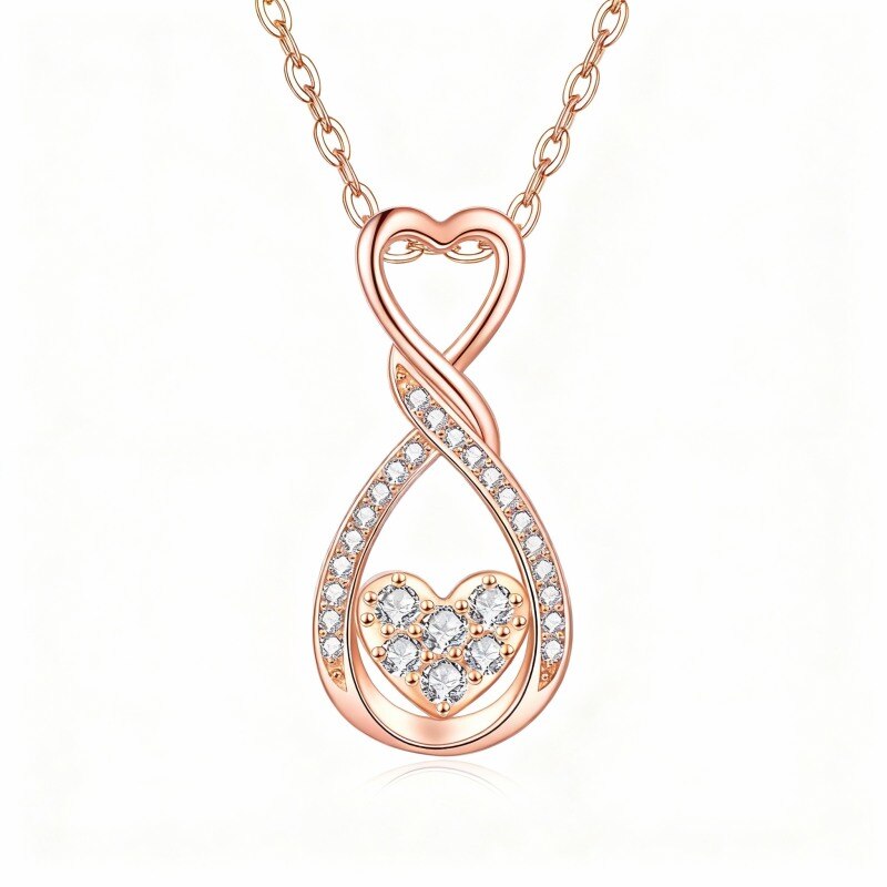 Collar con colgante de corazón y símbolo de infinito en oro rosa de 14 quilates con circonitas cúbicas-1