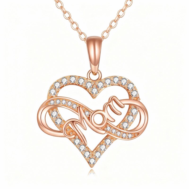 10K Rose Gold Cubic Zirconia Heart & Infinity Symbol Pendant Necklace with Engraved Word-1