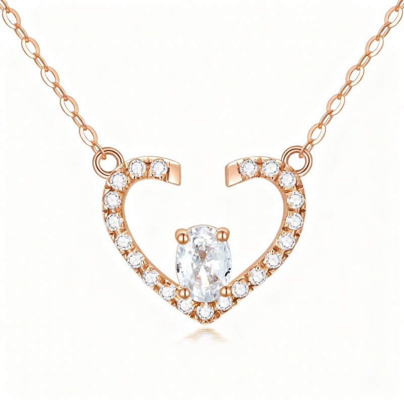 Collar con colgante de corazón de circonita cúbica en oro rosa de 14 quilates-1