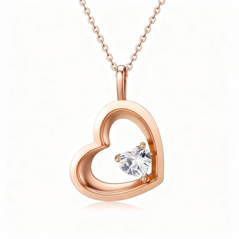 Collar con colgante de corazón de circonita cúbica en oro rosa de 14 quilates-1
