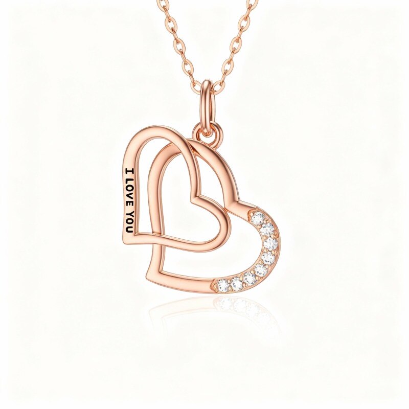 Collar con colgante de corazón de circonita cúbica en oro rosa de 10 quilates-1