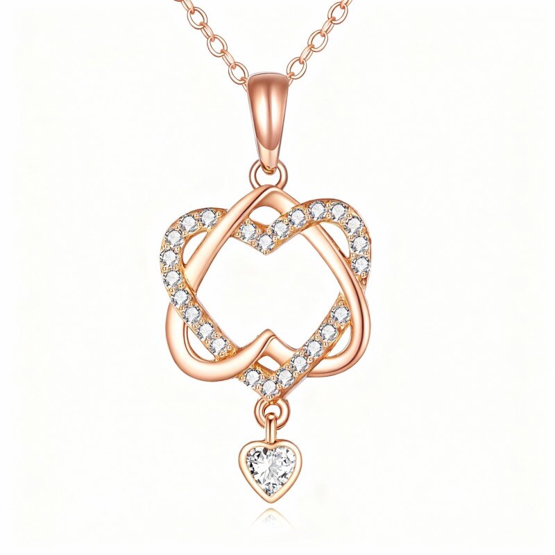 Collar con colgante de corazón de circonita cúbica en oro rosa de 14 quilates-1