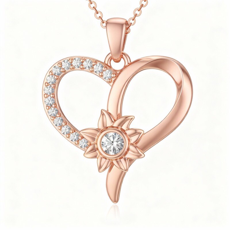 Collar con colgante de corazón de circonita cúbica en oro rosa de 10 quilates-1