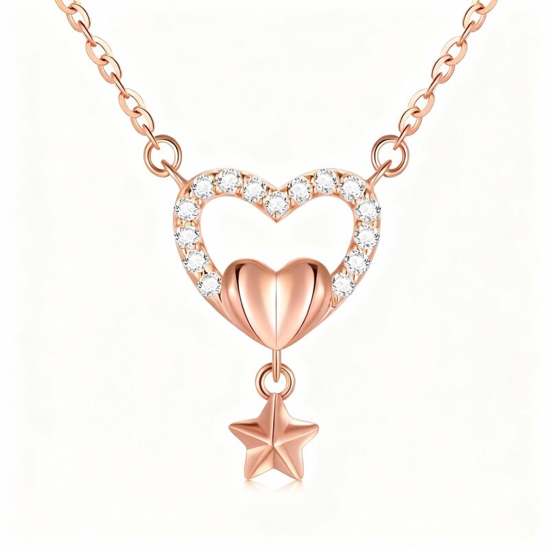 Collar con colgante de corazón de circonita cúbica en oro rosa de 14 quilates-1
