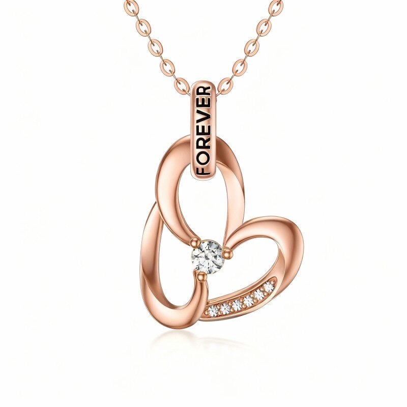14K Rose Gold Cubic Zirconia Heart Pendant Necklace with Engraved Word-1