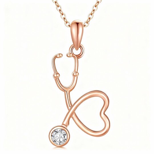 10K Rose Gold Cubic Zirconia Heart & Stethoscope Pendant Necklace