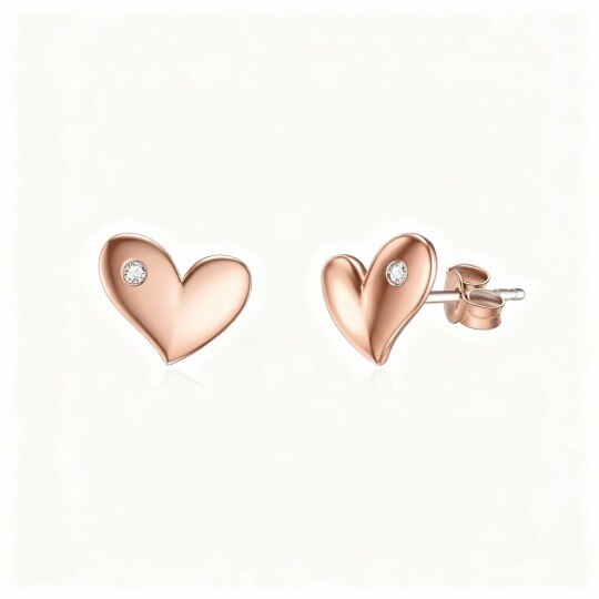 Pendientes de botón con forma de corazón y circonitas cúbicas en oro rosa de 10 quilates