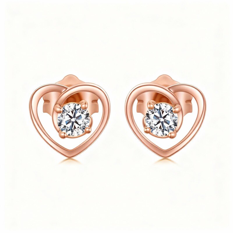 Pendientes de botón con forma de corazón y circonitas cúbicas en oro rosa de 14 quilates-1