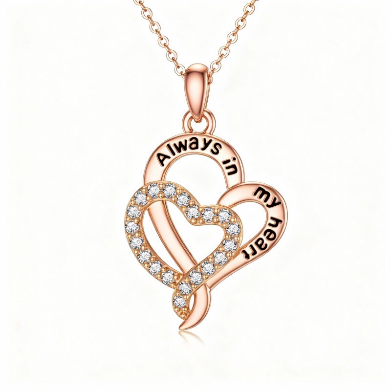Collier pendentif cœur en or rose 10 carats avec zircon cubique et inscription gravée-1