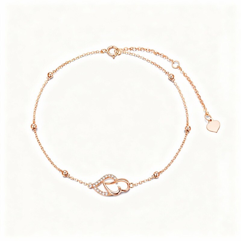 14K Rose Gold Cubic Zirconia Heart With Heart Single Layer Charm Anklet-1