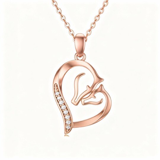 Collier pendentif cheval et cœur en or rose 10 carats et zircon cubique