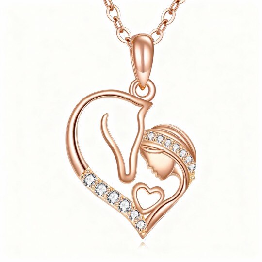 Collier pendentif cheval et cœur en or rose 10 carats et zircon cubique
