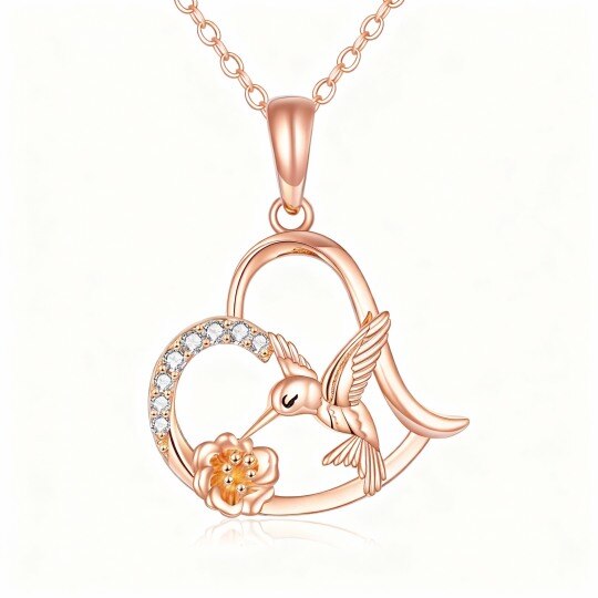 Collier pendentif colibri et cœur en or rose 10 carats et zircon cubique