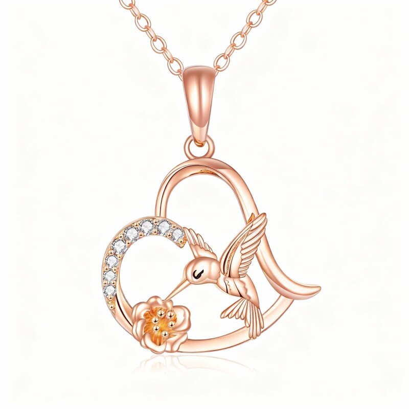 18K Rose Gold Cubic Zirconia Hummingbird & Heart Pendant Necklace-1