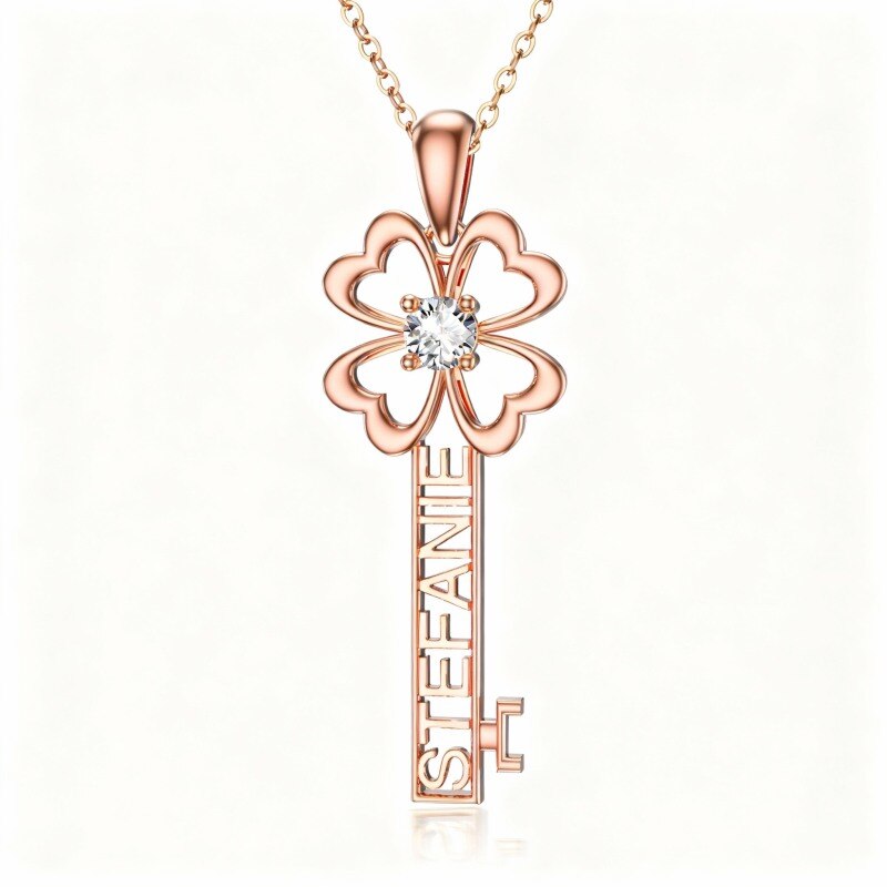 14K Rose Gold Cubic Zirconia Key Pendant Necklace-1