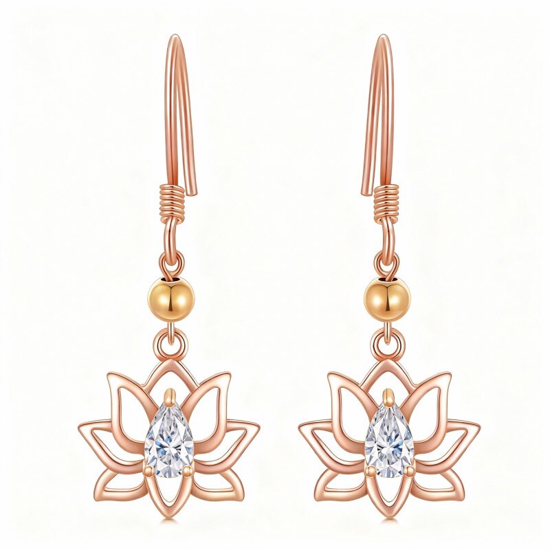 Boucles d'oreilles pendantes en or rose 14 carats et zirconiums cubiques en forme de lotus-1