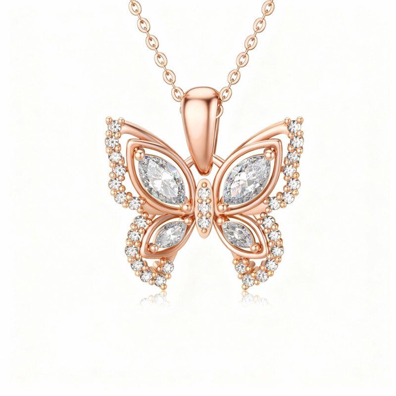 Collar con colgante de mariposa de oro rosa de 18 quilates con circonitas cúbicas y moissanita-1