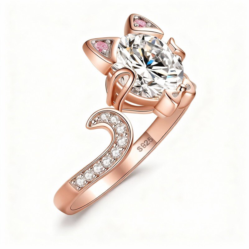 Bague chat et nœud papillon en or rose 18 carats, zircon cubique et moissanite-1