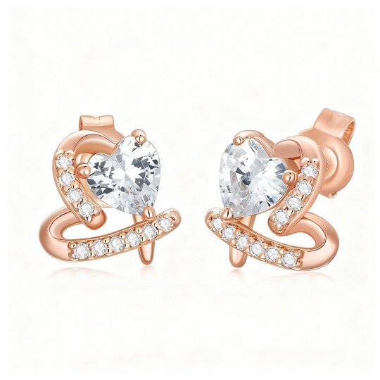10K Rose Gold Cubic Zirconia & Moissanite Heart Stud Earrings