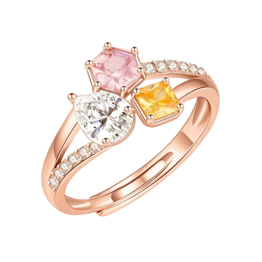 Anillo personalizado de oro rosa de 10 quilates con circonita cúbica y moissanita, piedra de nacimiento.