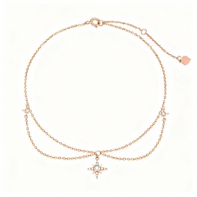 Tobillera con dije de estrella multicapa de circonita cúbica y moissanita en oro rosa de 10 quilates-1