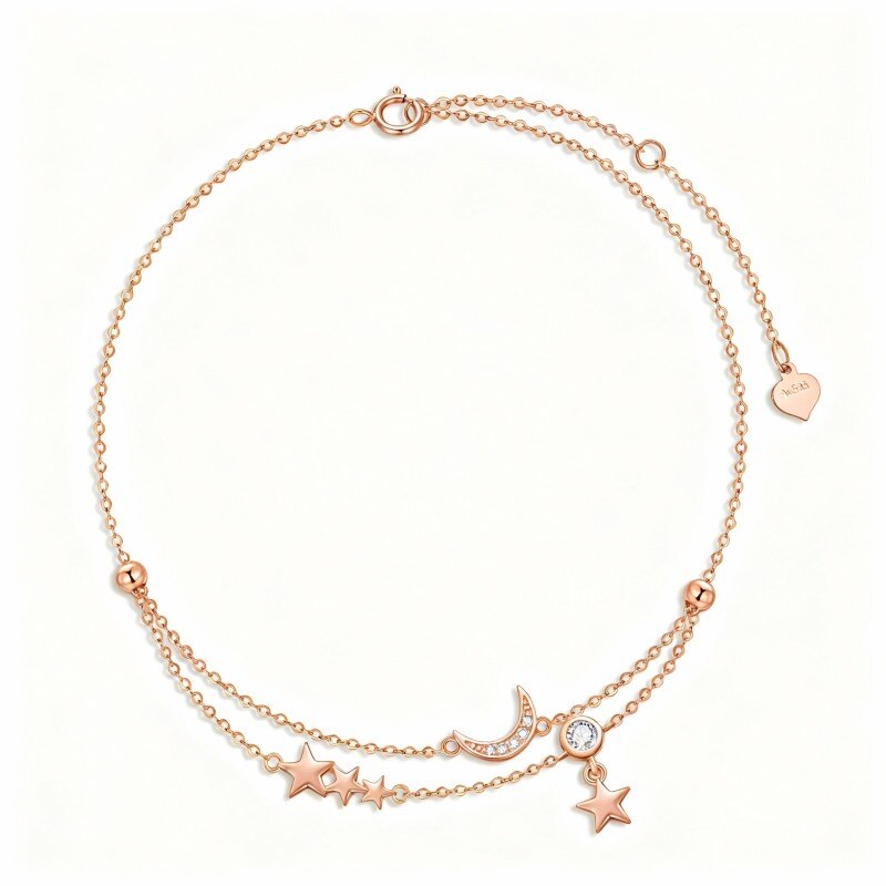 Bracelet de cheville à breloques lune en or rose 18 carats et zircon cubique, à plusieurs rangs-1