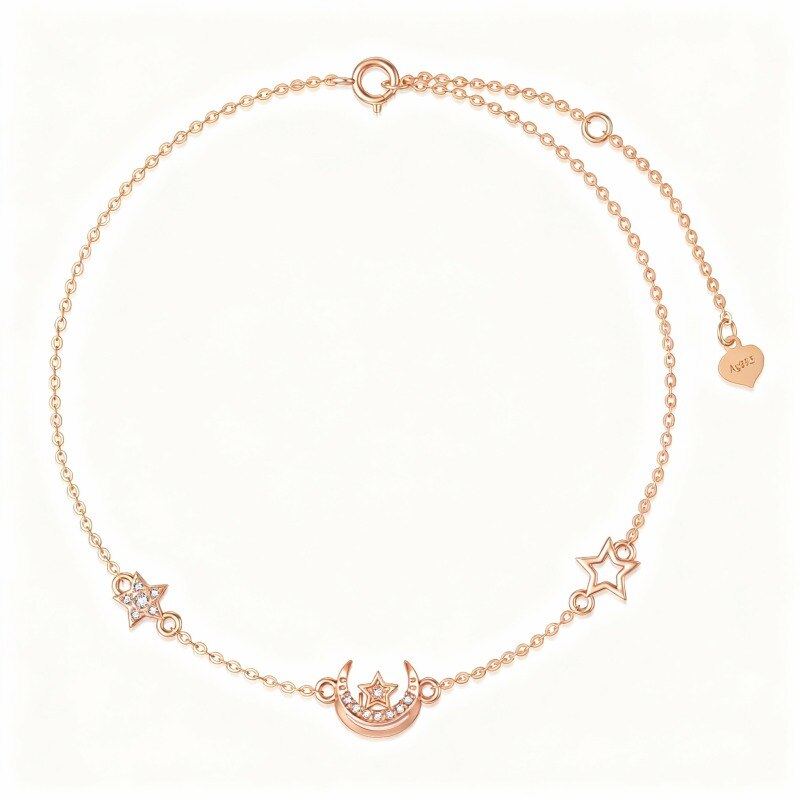 Pulsera con dije de luna y pentagrama en oro rosa de 14 quilates con circonitas cúbicas-1