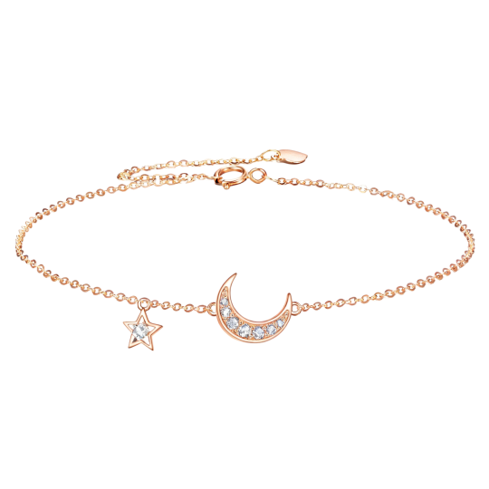 10K Rose Gold Cubic Zirconia Moon & Star Charm Bracelet